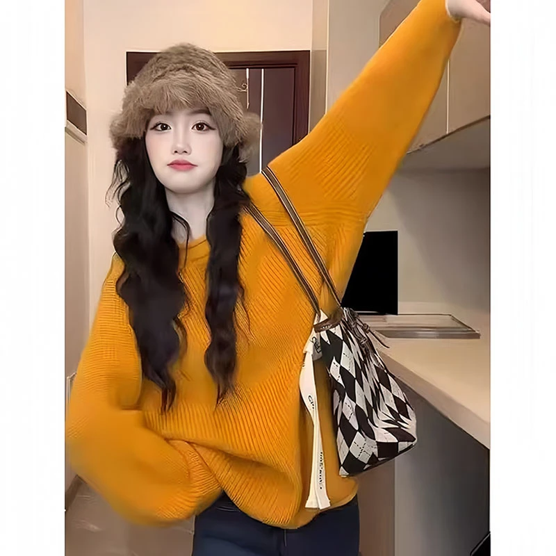 橘色圆领套头毛衣女款秋冬季宽松慵懒风百搭时尚早秋针织打底上衣