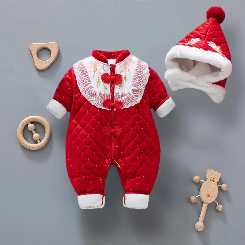 洋气女宝宝新年装新生婴儿衣服套装冬季加厚拜年服过年加棉连体衣