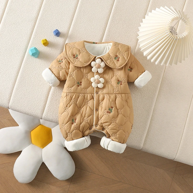 冬季女宝宝前拼两朵花加绒保暖外穿公主连体前拼圆领薄棉哈衣