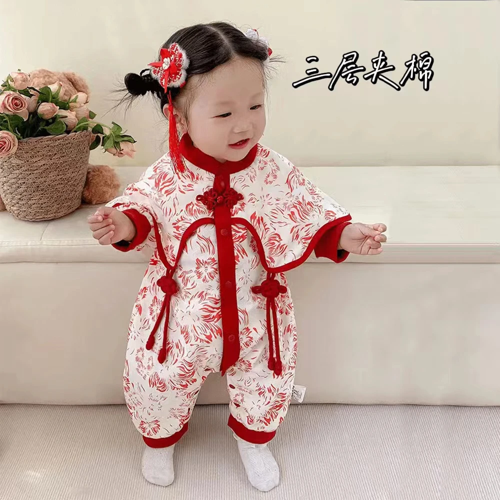 新生婴儿秋冬季保暖棉服中国风加绒女宝周岁百日宴连体衣抓周礼服