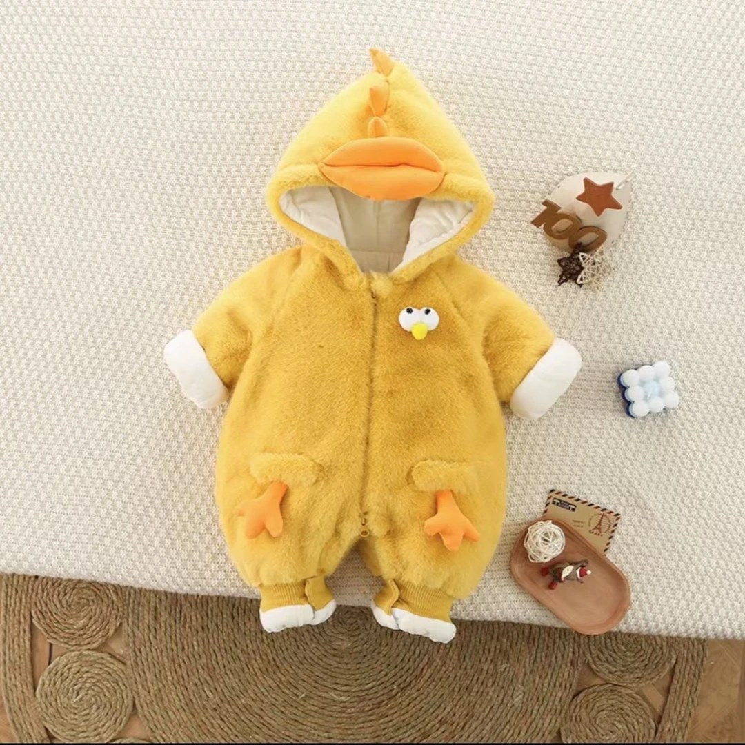 新生婴儿冬款加绒加厚网红小鸡造型宝宝外出服新生儿保暖连体衣