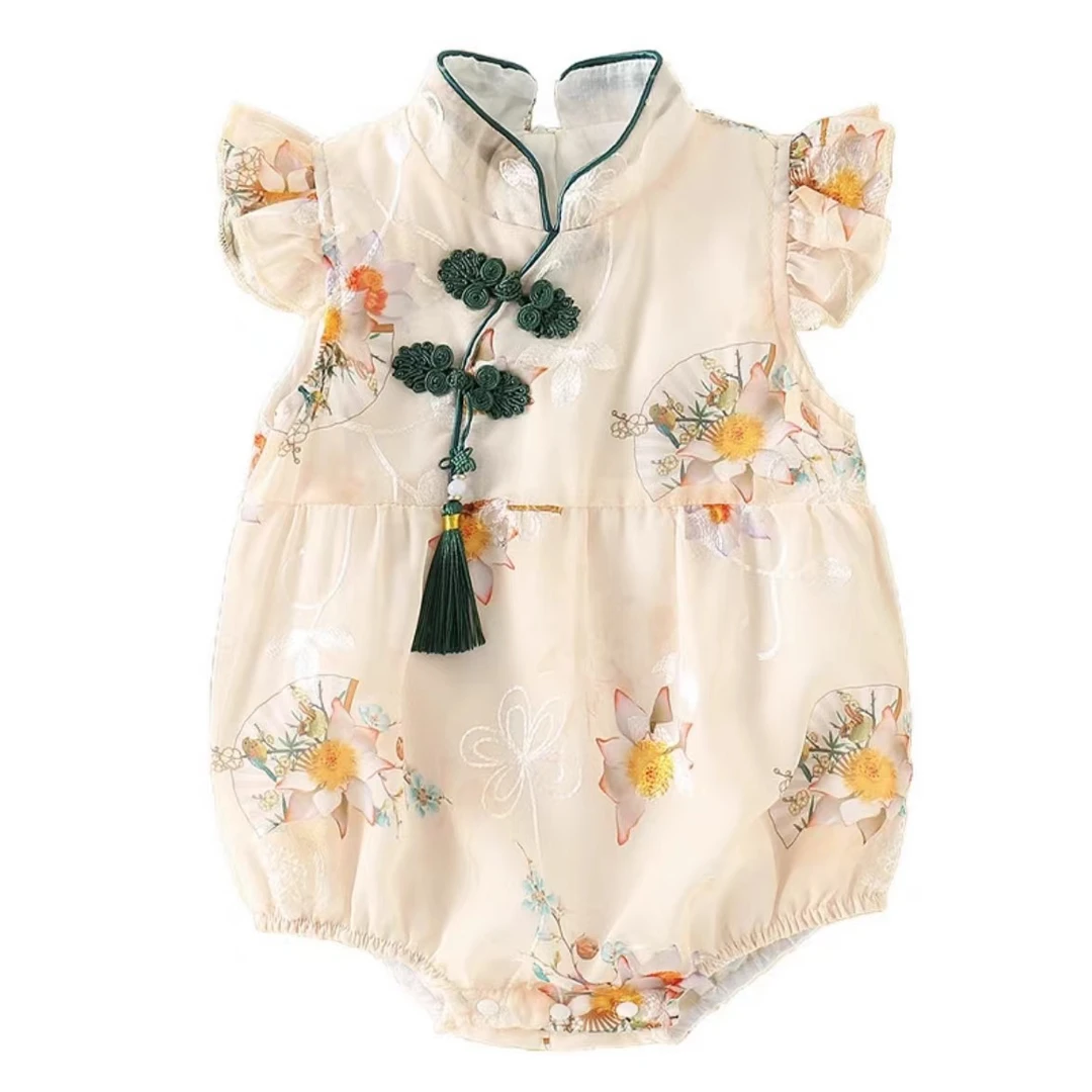 旗袍女童连衣裙公主婴儿夏装洋气碎花连体衣裙子女宝宝国风包屁衣