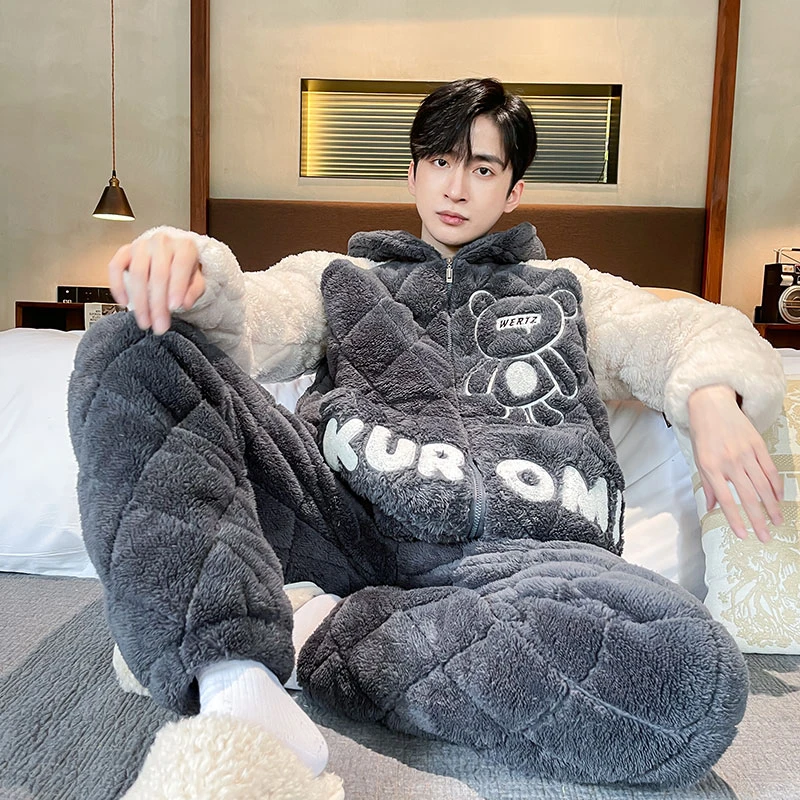 冬季睡衣男加厚加绒珊瑚绒三层夹棉袄秋冬款保暖法兰绒连帽家居服