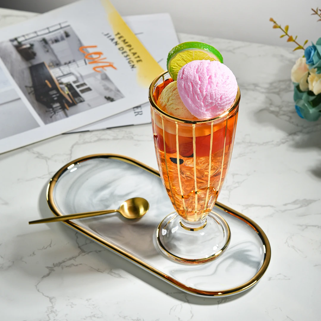 光芒餐具描金雪糕杯网红家用透明杯碟金边水杯创意大容量【金像】