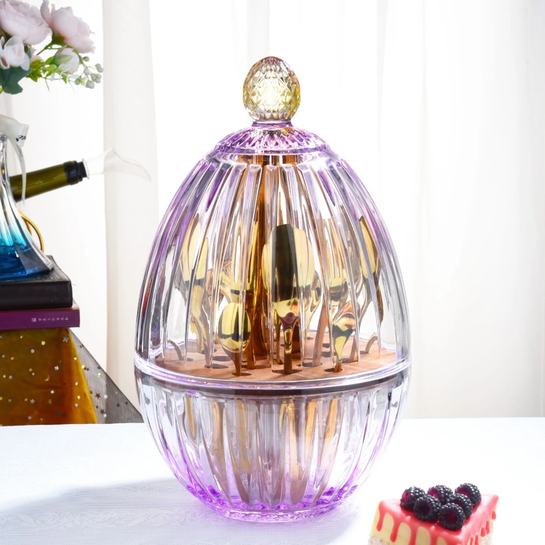 【金像】ENJOY.浅紫色金蛋烟花绽放心悦条纹雅致轻奢餐具收纳盒摆件