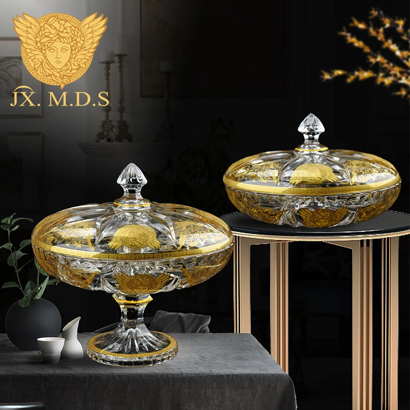 【金像】D280水滴花三格盘糖缸 真金花纸+金美杜莎水晶玻璃送礼摆件