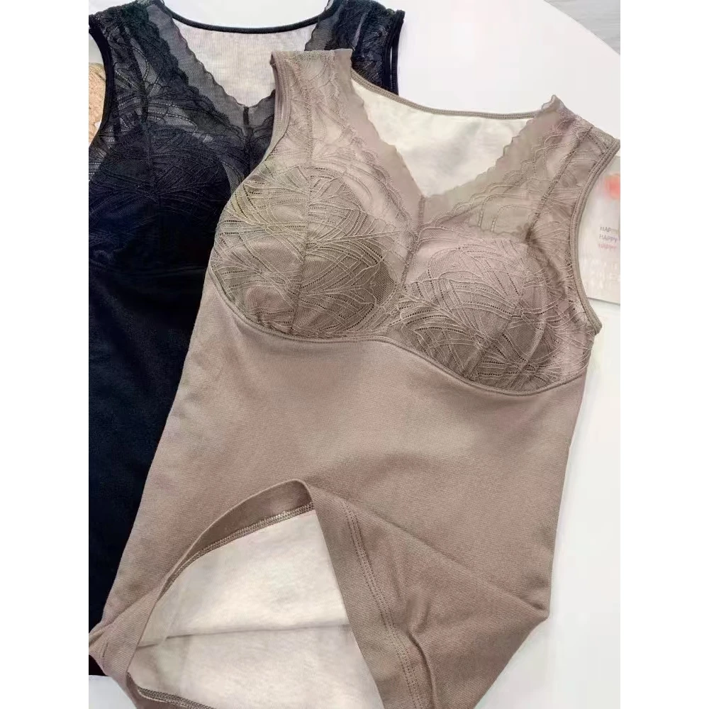 蕾丝拼接加绒保暖背心冬季新款自带胸垫打底内衣修身美体上衣4921