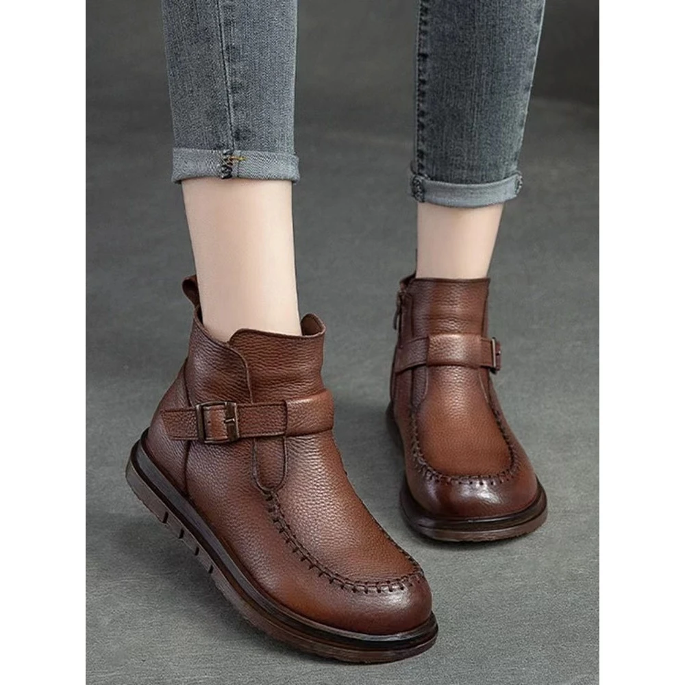 牛皮平底马丁靴民族风复古加绒保暖2024新款软底妈妈鞋R8-8886