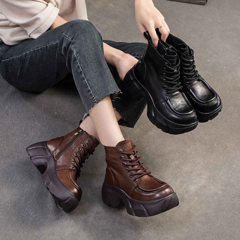 2024冬季新款牛皮复古增高英伦风马丁靴纯色系带女鞋O8-50581