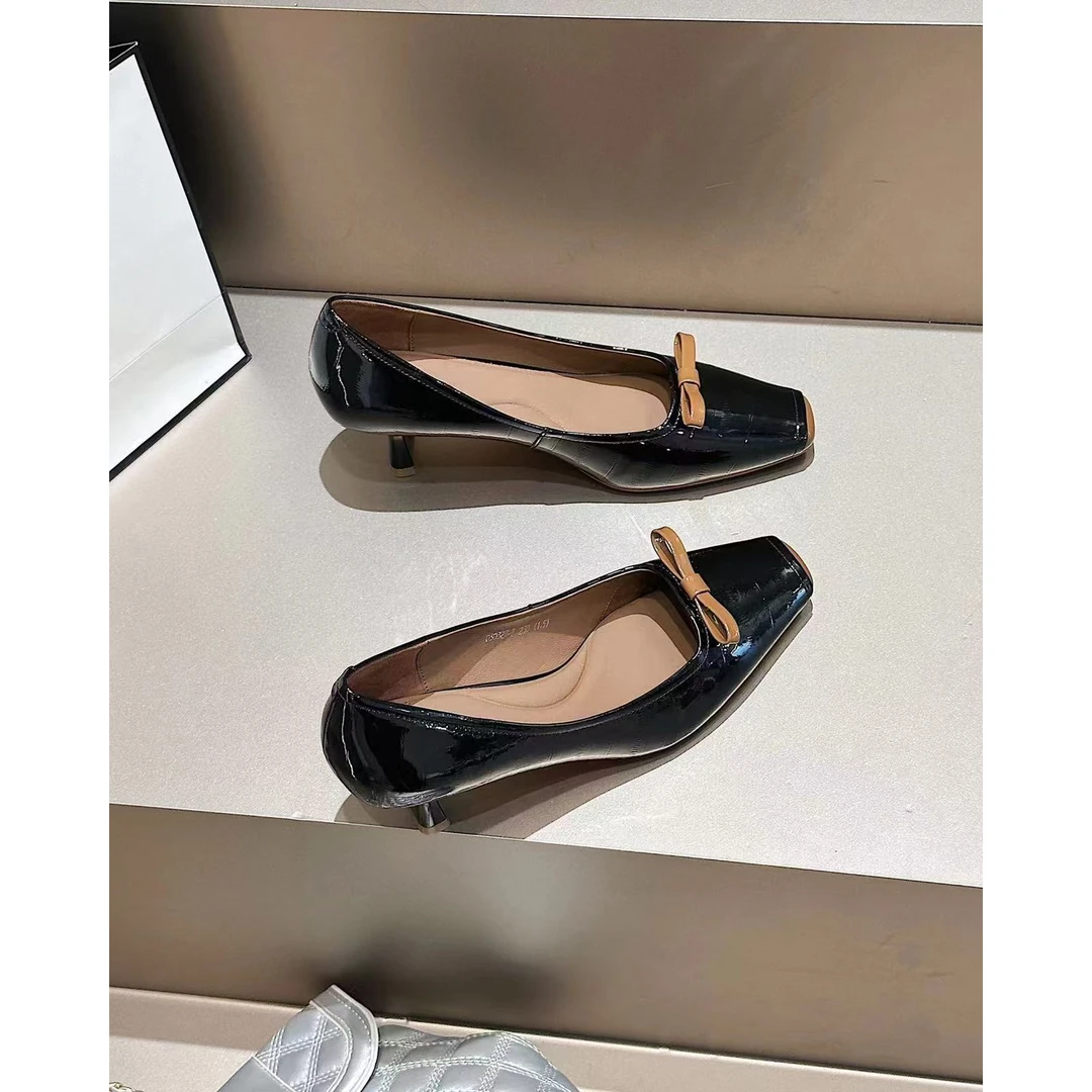 蝴蝶结粗跟浅口单鞋女2024舒适小方头法式气质高跟鞋女鞋O6-8882