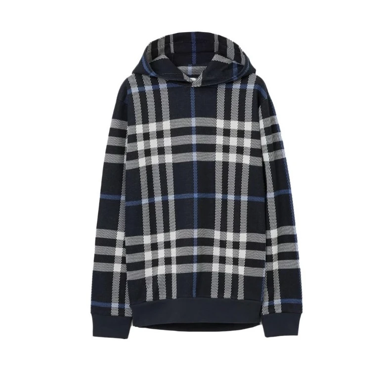 全新未使用 BURBERRY/博柏利 经典格纹提花藏蓝色连帽长袖卫衣