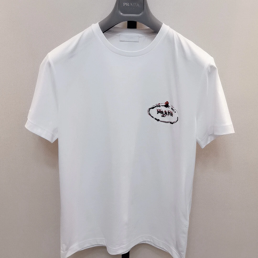 全新未使用 Prada/普拉达 经典刺绣小胸标黑白双色圆领T恤短袖