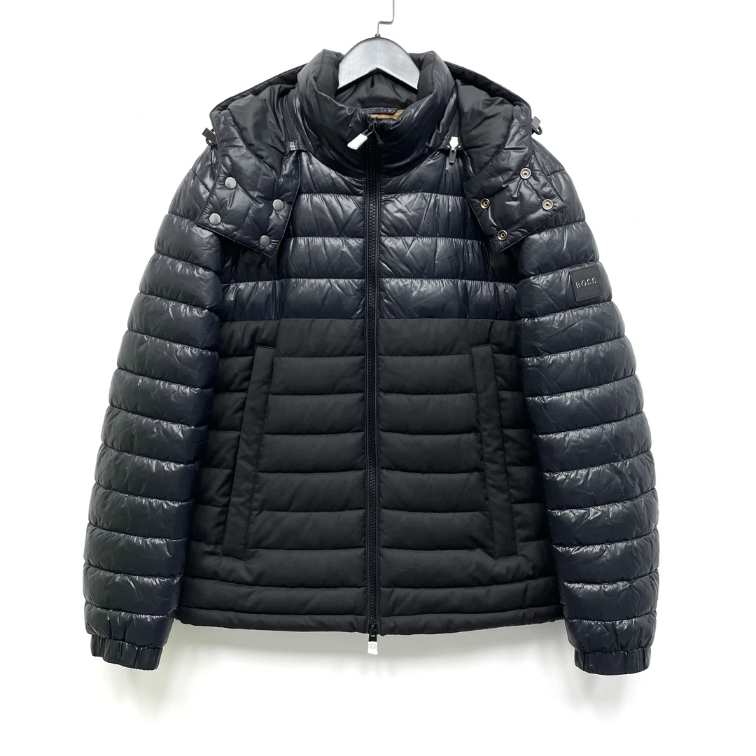 全新未使用 HugoBoss/雨果博斯 深藏青黑色拼接拉链连帽棉服外套