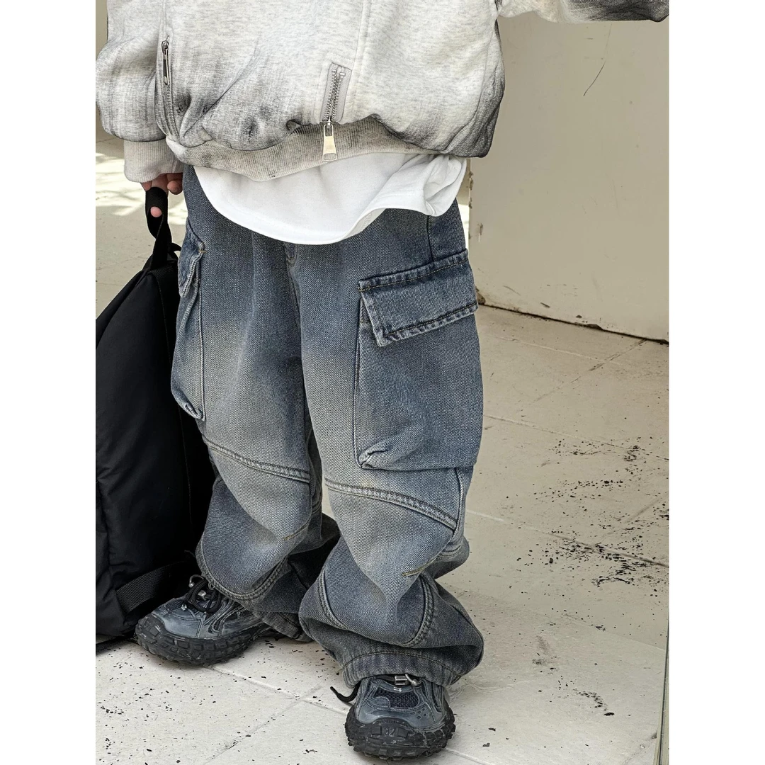 罗大叔2024年冬季新款儿童加绒牛仔裤男童中小童韩版百搭长裤阔腿