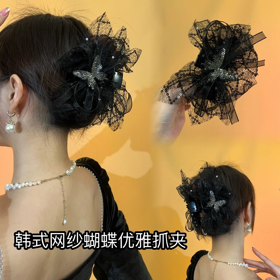 非金属亚克力发饰 韩式网纱蝴蝶结抓夹优雅气质高级感鲨鱼夹时尚