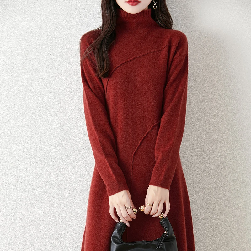 2024秋冬新款针织中长款毛衣连衣裙羊绒衫羊毛衫女套头打底高领