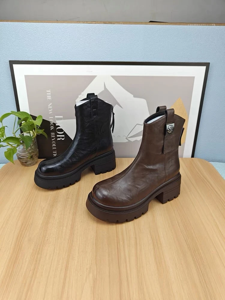 时尚高跟玫瑰短靴女秋冬厚底法式粗跟黑色加绒靴子冬季英伦风