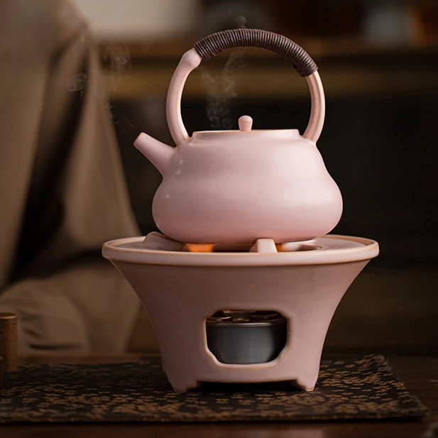 高端粉色苏打釉提梁壶煮茶炉可碳火电陶炉煮茶壶围炉煮茶功夫茶具