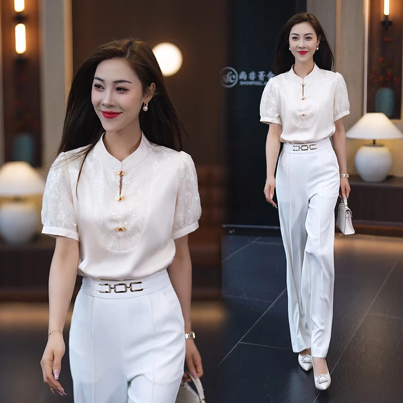 复古新中式蕾丝短袖衬衫女2025夏新致泡泡袖立领气质上衣