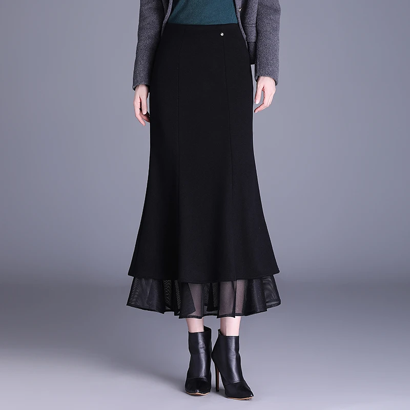 加绒鱼尾裙半身裙女2025秋冬新款高腰显瘦中长款拼接一步包臀长裙