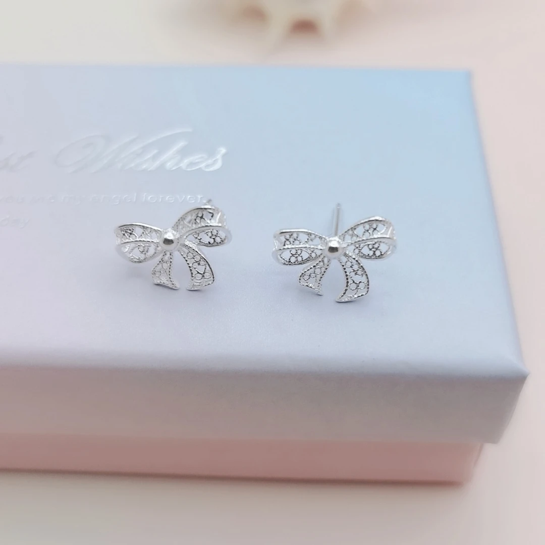足银耳饰 足银990镂空蝴蝶结古法耳钉甜美精致百搭气质轻奢素款