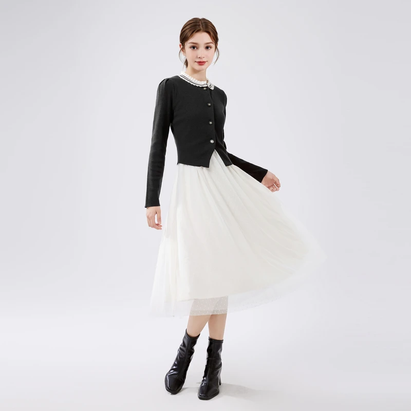 秋水伊人法式名媛黑色连衣裙针织拼接网纱加绒裙子624408B020209