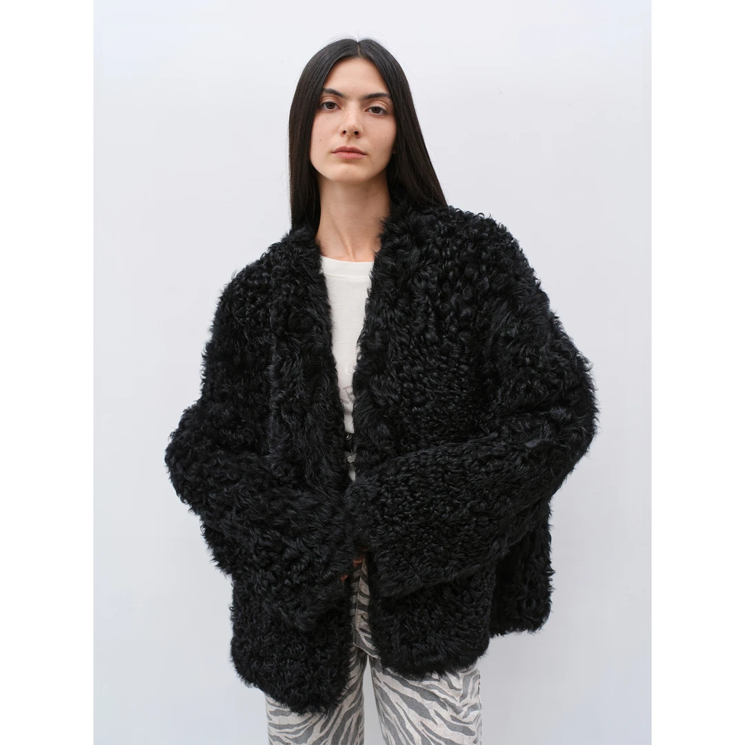 付智恩 我的小卷毛 进口托斯卡纳皮毛一体女年轻款黑色皮草外套冬