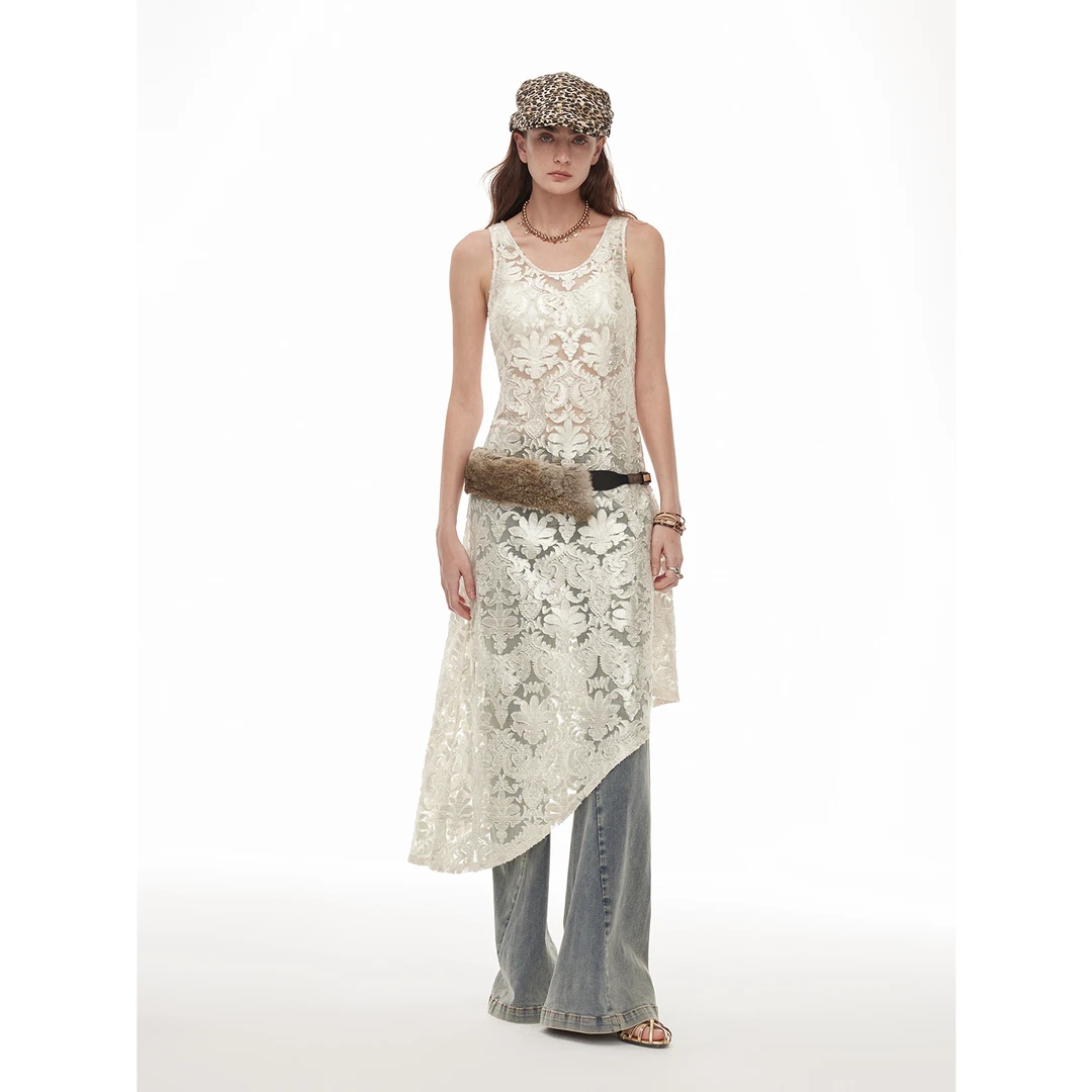 付智恩 复古时髦光泽感镂空提花U领A型不规则中长款背心裙含短款