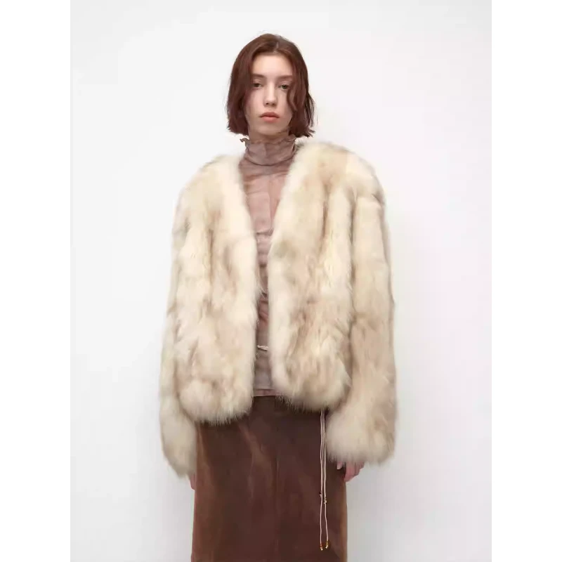 付智恩 乱世佳人 sagafurs狐狸毛外套女 手工喷色晕染V领皮草大衣
