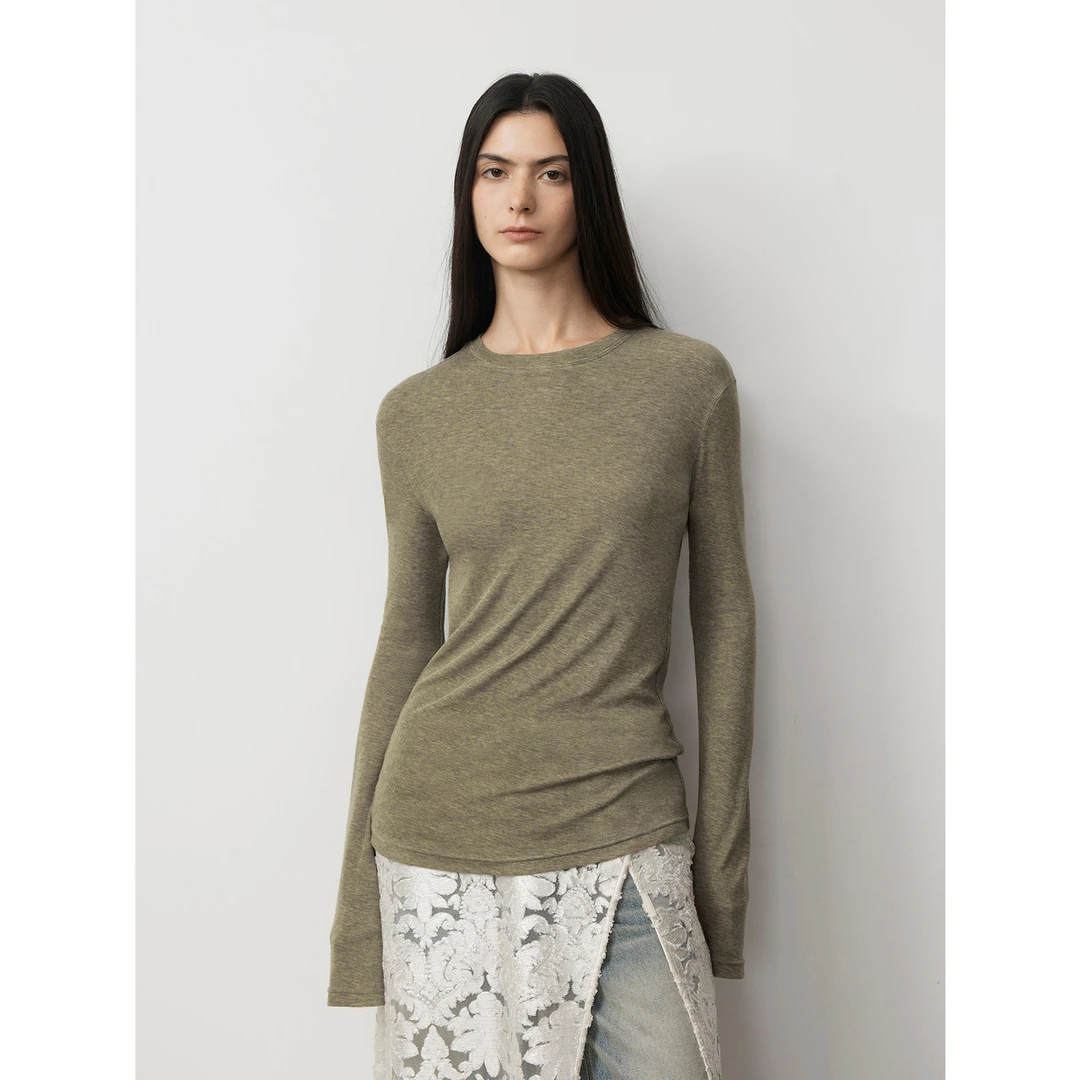 [时髦搭子] 付智恩 时髦莱赛尔羊毛弹力舒适合身极简纯色长袖T恤