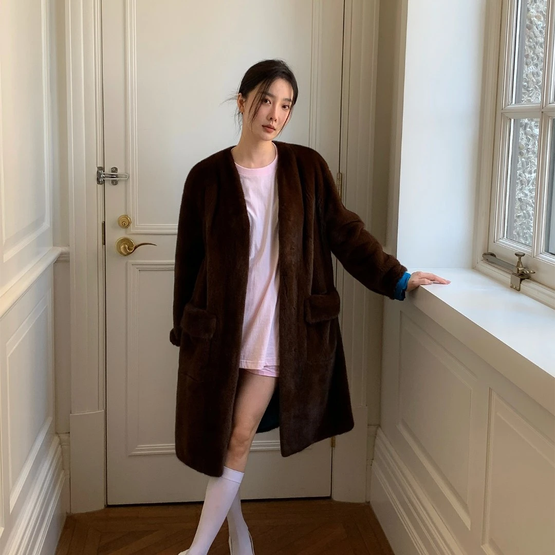 付智恩 紫标貂皮大衣女整貂复古风中长款水貂皮草外套冬