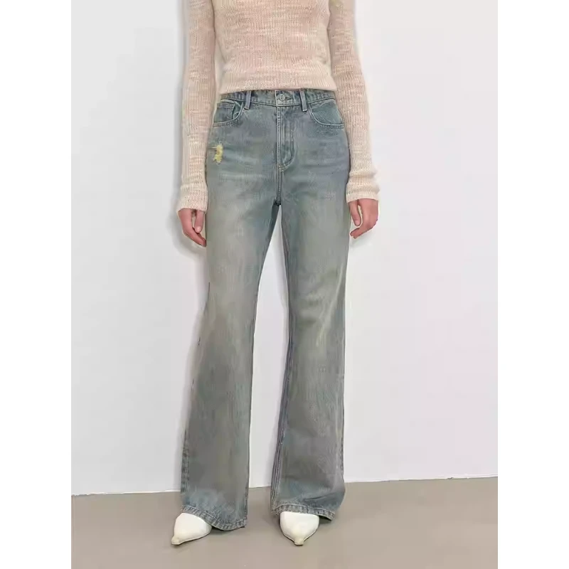 付智恩 微喇记号 美式复古四季通穿显瘦百搭及地长水洗微喇牛仔裤