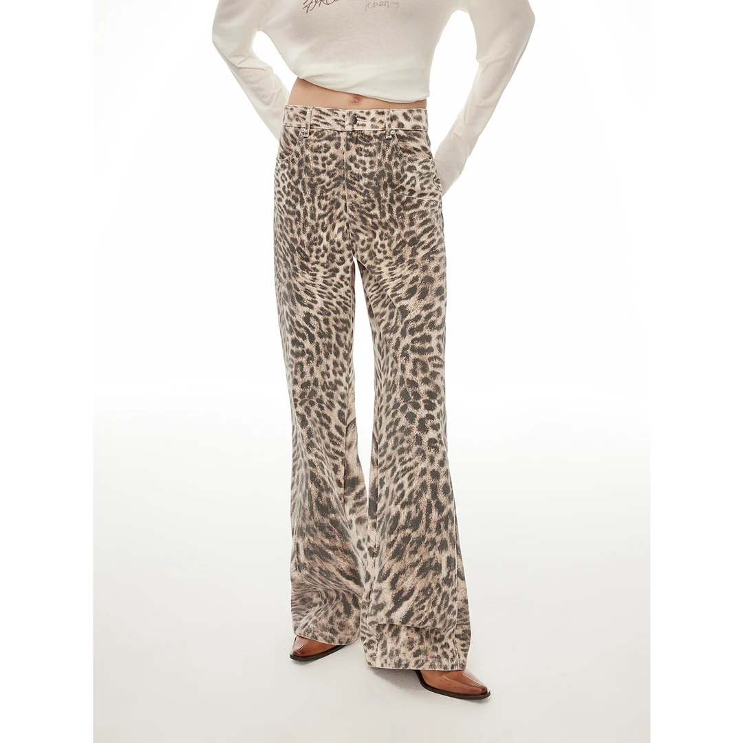 付智恩[时髦搭子] 做旧原创豹纹印花进口水洗显瘦直筒牛仔裤