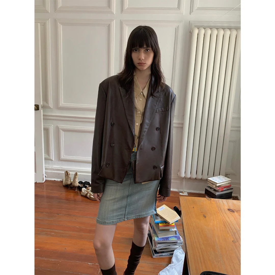 【廓系VIBE】付智恩 沉思录 进口半植鞣绵羊皮宽肩廓形西装皮衣