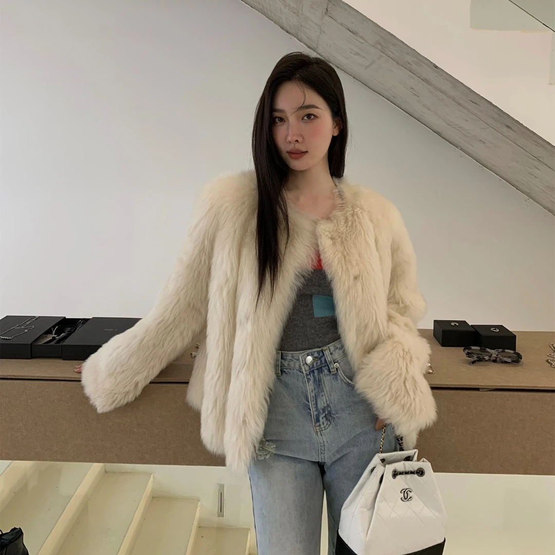 [宠粉节]付智恩 绿杨阴里 进口托斯卡纳皮毛一体女单排扣圆领皮草