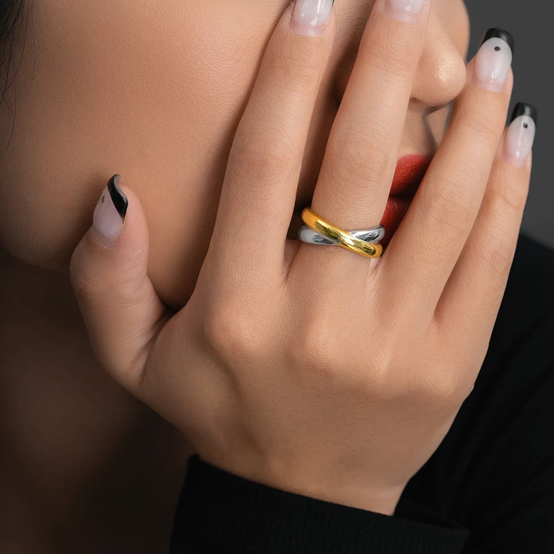 925银戒指 双脊双色混搭纯银戒指设计欧美个性小众纯银时尚开口戒