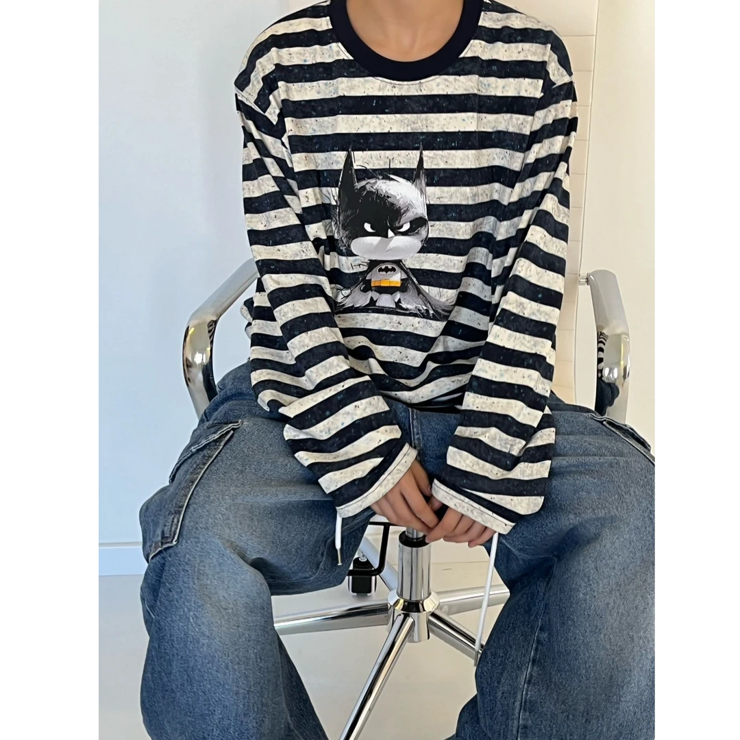 245010韩版宽条纹泼墨彩点圆领打底卫衣百搭秋季慵懒风显瘦印花