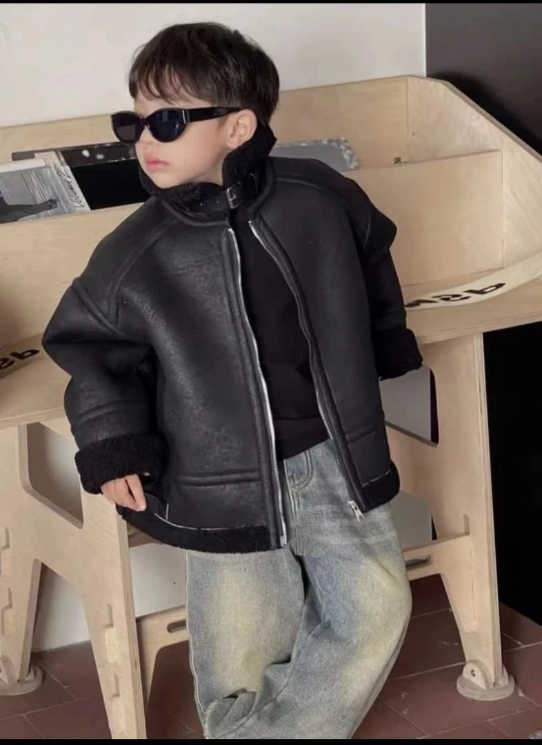 冬季男女皮毛一体机车皮衣外套潮酷帅新款休闲羊羔绒加绒皮衣黑色