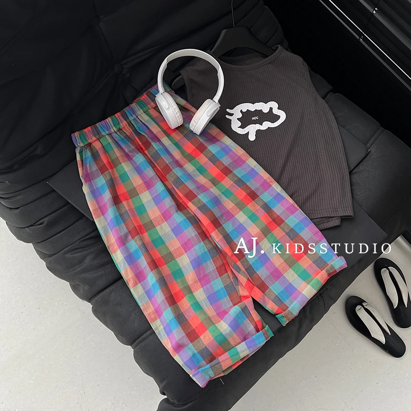 彩虹糖—阿卷夏装儿童韩版时尚宽松帅气百搭格子裤九分裤MPG4333