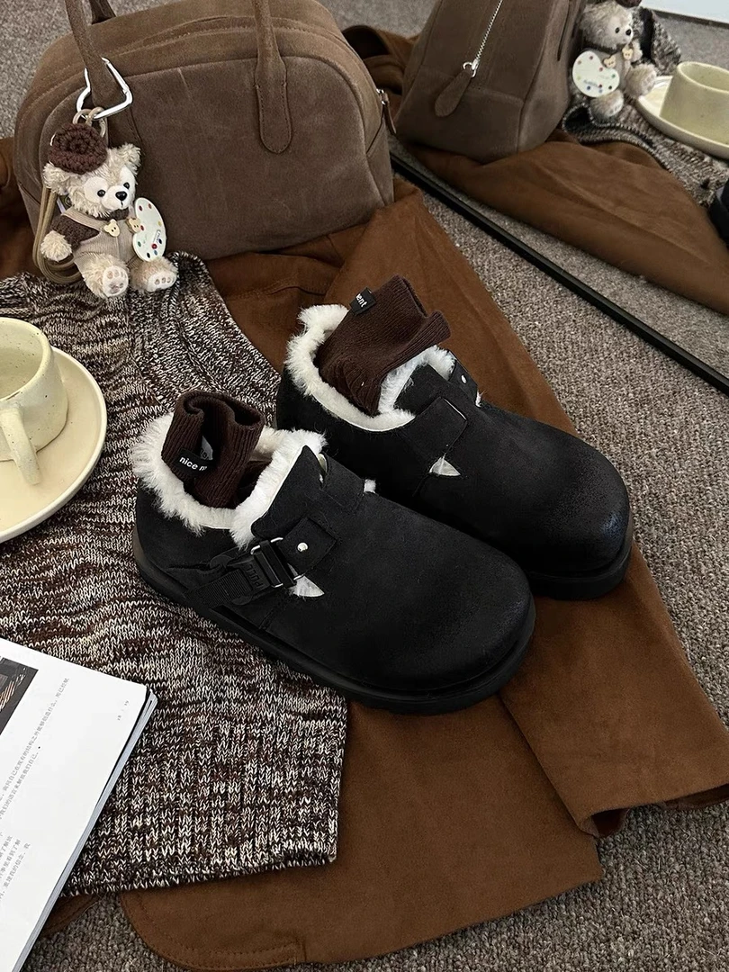 ÉLFSET | 可爱推荐~厚底加绒勃肯鞋女一脚蹬真皮保暖毛毛增高-QY