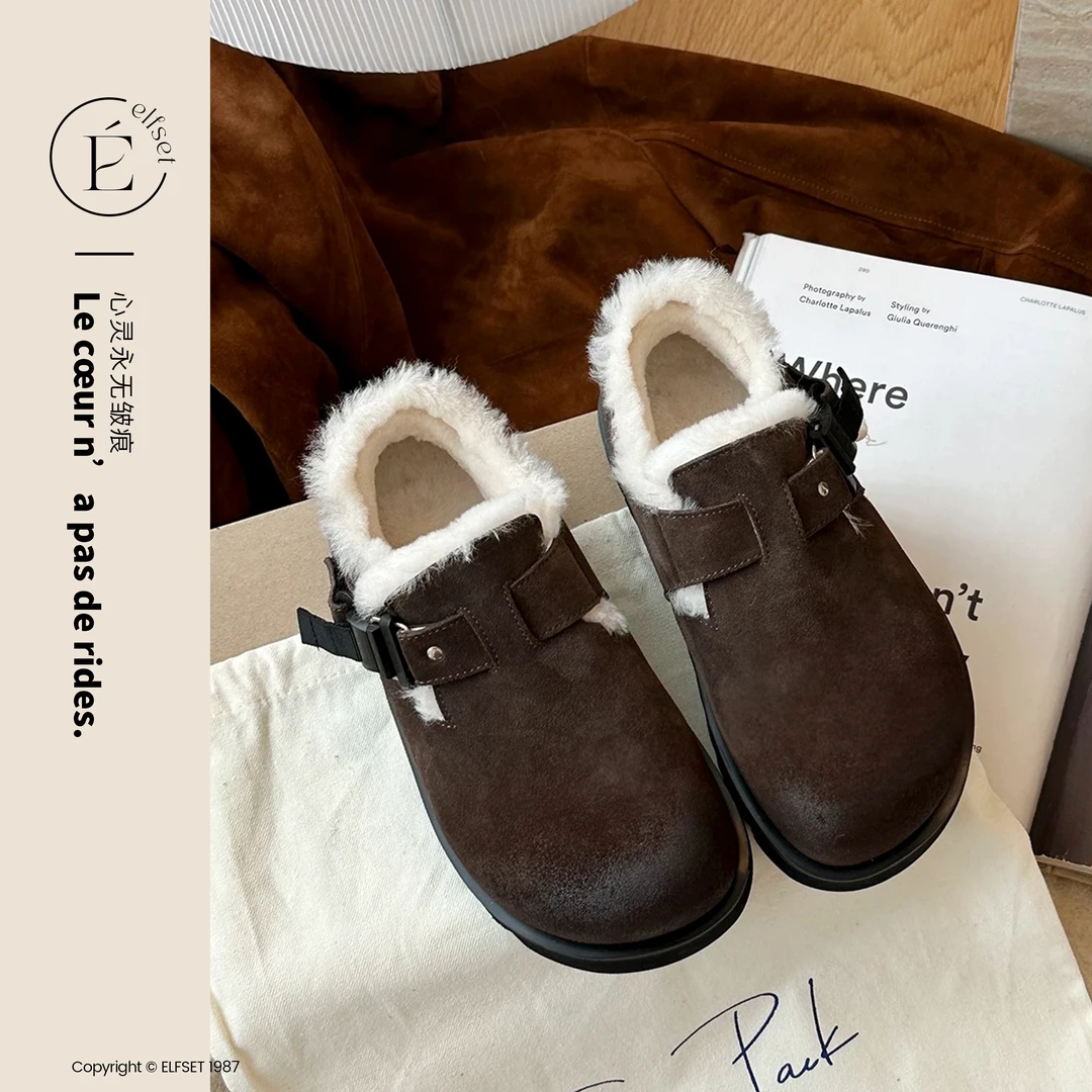 ÉLFSET | 冬日松果~厚底加绒勃肯鞋女一脚蹬真皮保暖毛毛增高-ESE