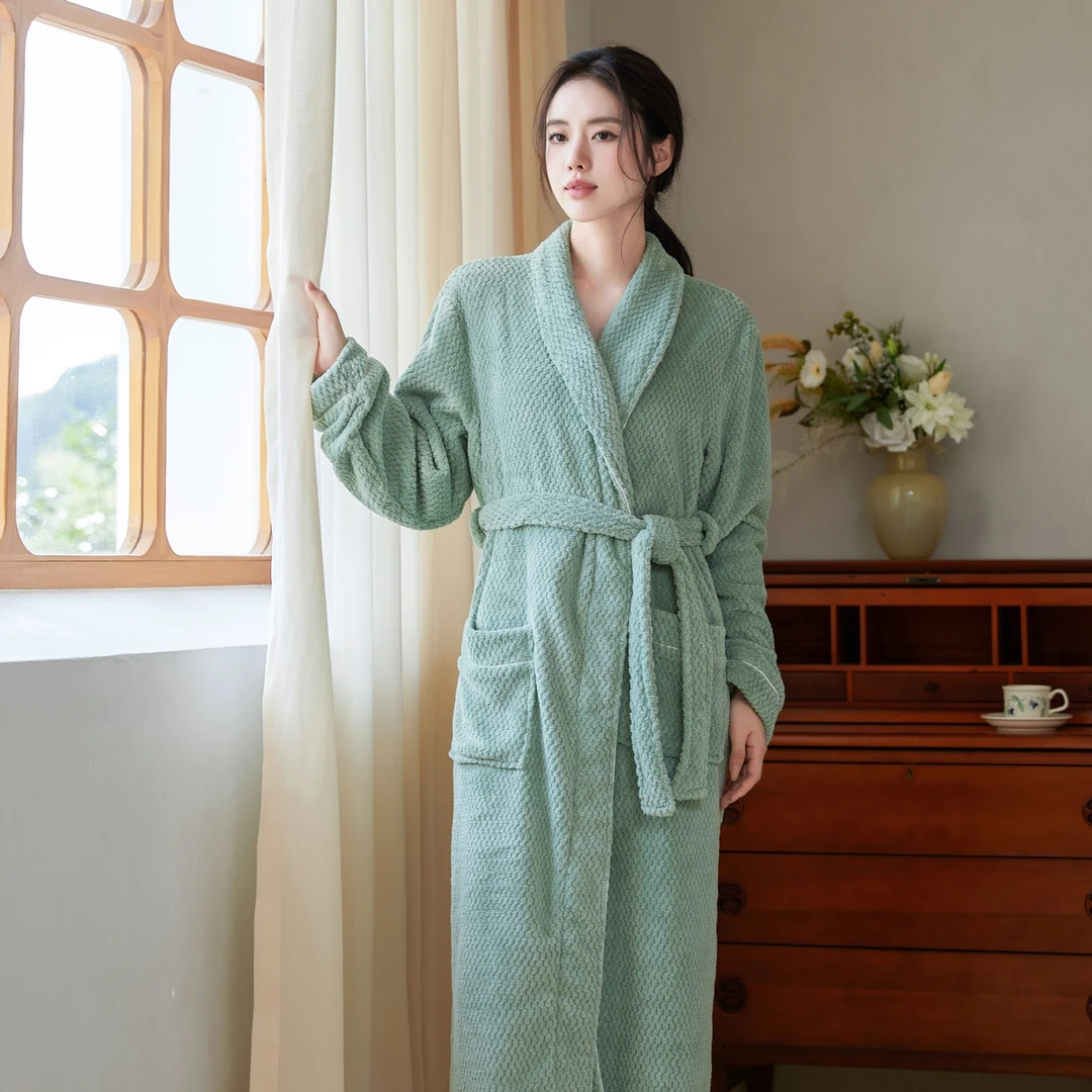 秋冬长款家居服涤锦贝贝绒翻领长袖睡袍女舒适保暖浴袍浴衣秋冬季