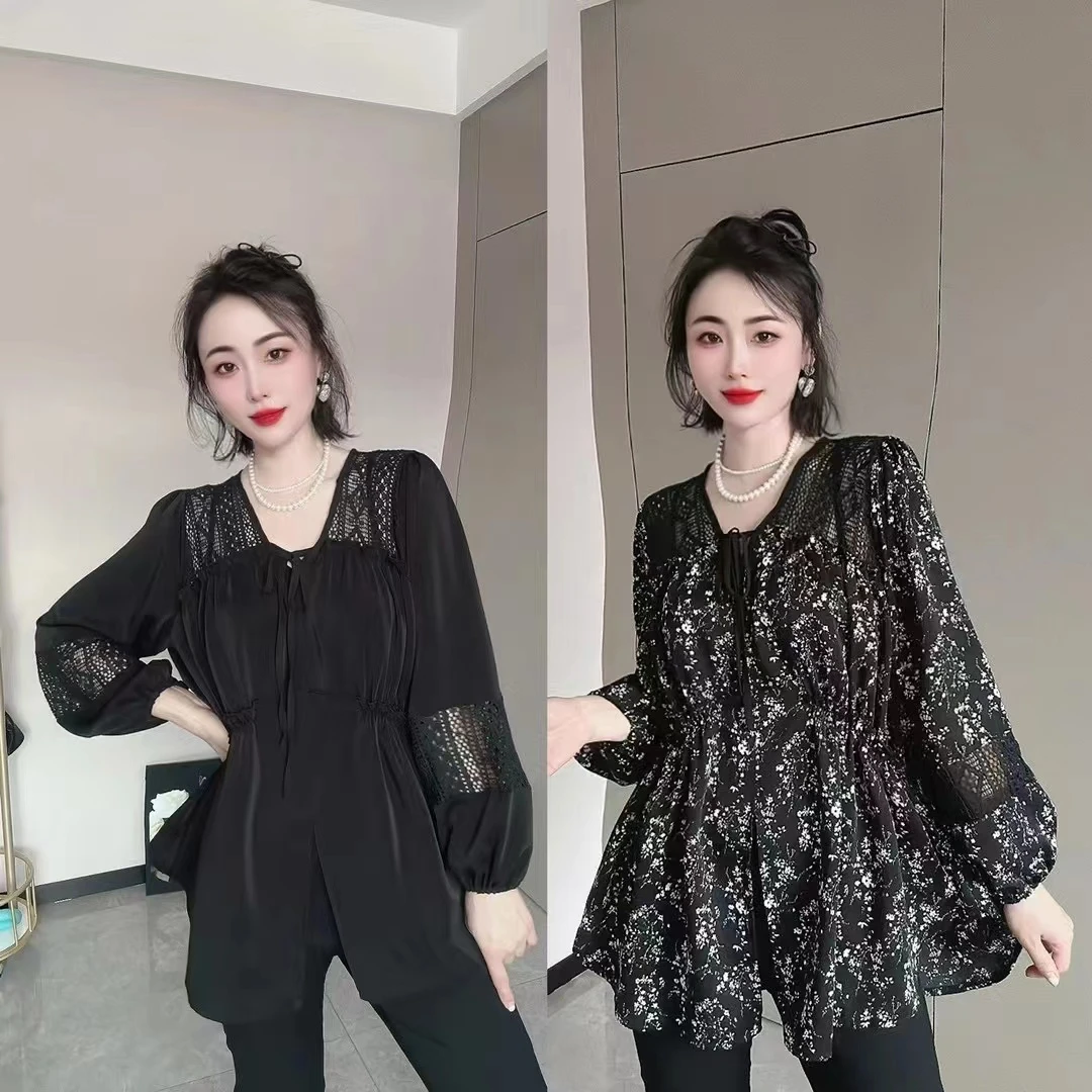 加大码女装V领碎花长袖上衣胖妹妹2024春秋休闲百搭显瘦小衫6296