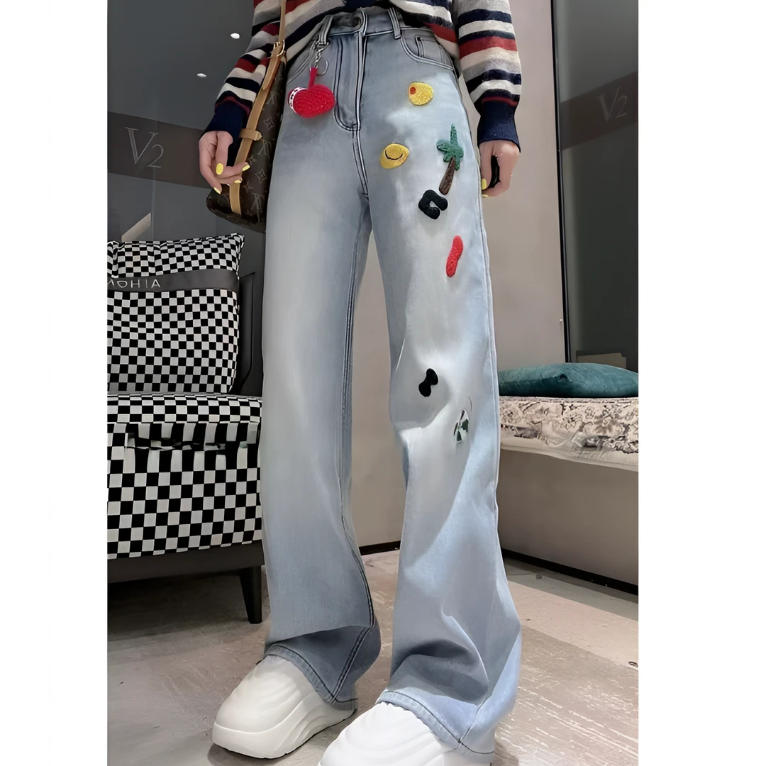 加绒大码圣诞爱心加厚高腰牛仔裤宽松阔腿窄版直筒裤显瘦女1357