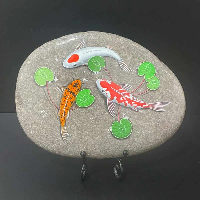 精品手绘防水不掉色丙烯石头画鱼办公室祝福礼品高端摆件