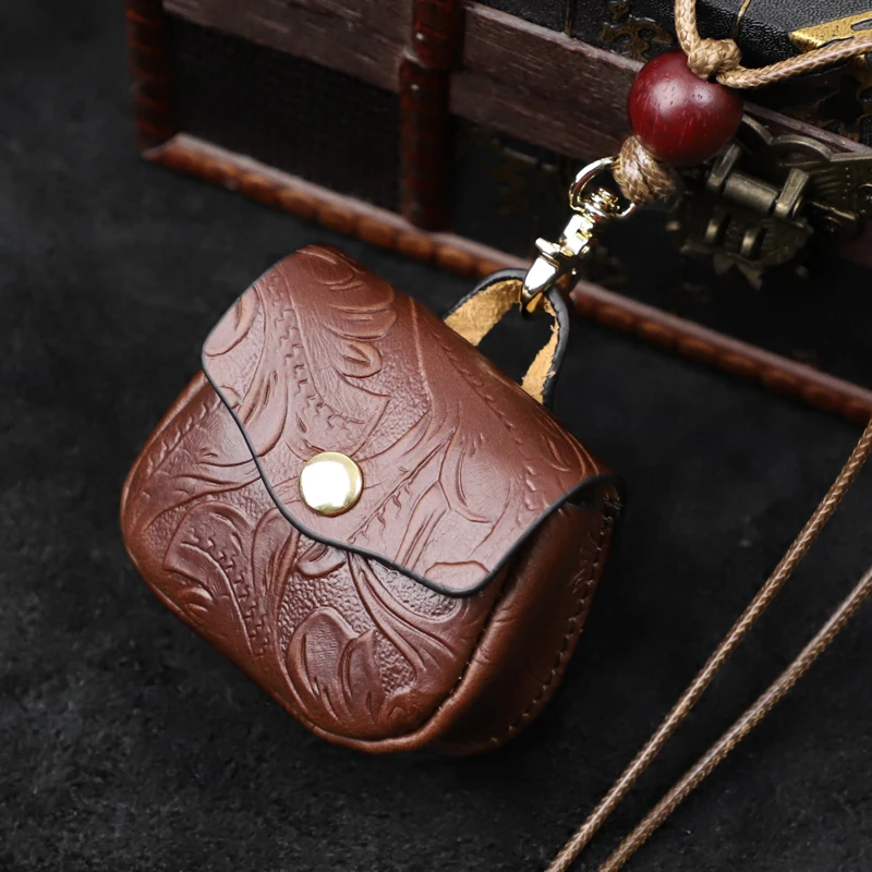 适用于苹果AirPods1/2/3/4保护套蓝牙耳机保护壳真皮脖挂收纳包