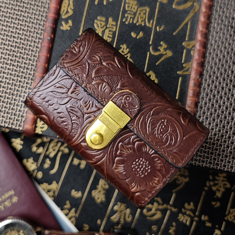 原创唐草牛皮复古大容量风琴卡包男女手工真皮银行卡夹驾照零钱包