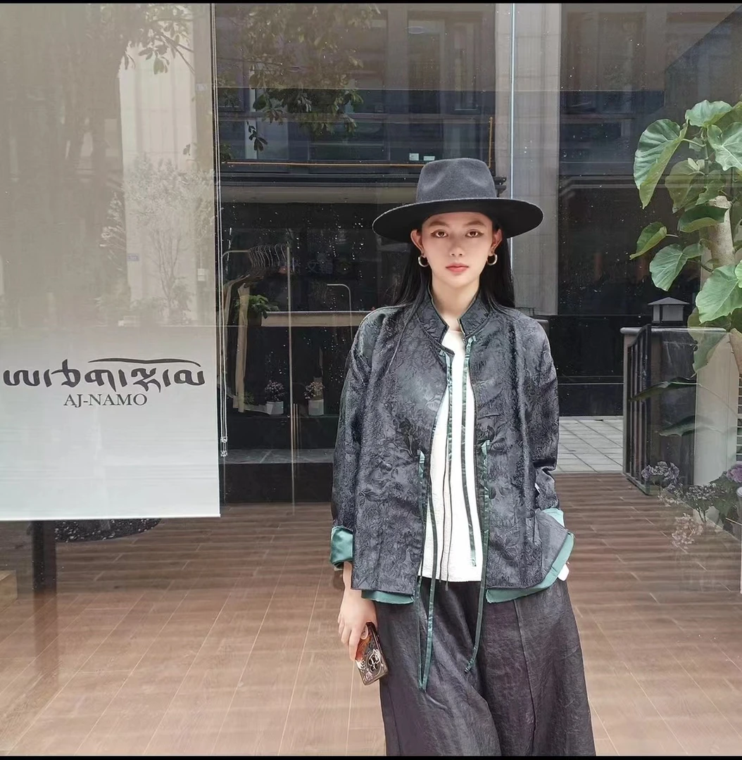 AJ-NAMO原创设计款黑色牡丹提花双面双穿外套/两色可选A47