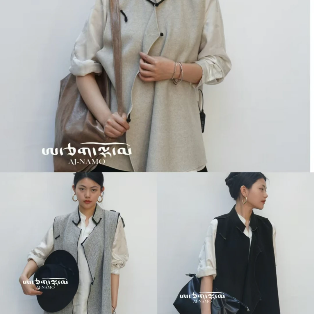 AJ-NAMO原创设计款纯色呢料马甲斜襟--字盘口马甲A52
