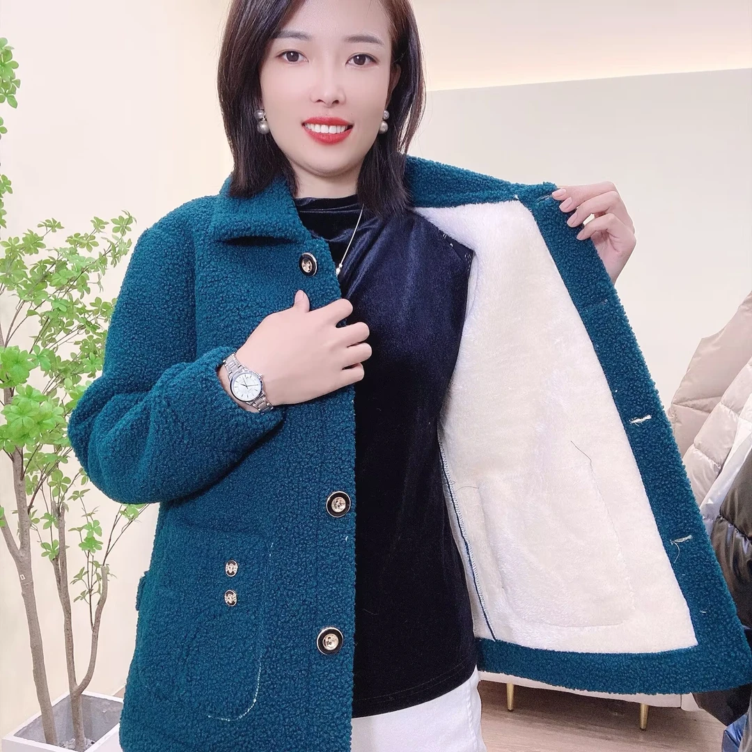 加绒特厚羊羔绒外套中老年人妈妈装高档双面绒短外套女冬天保暖